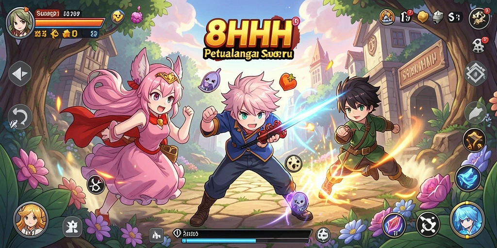 Screenshot gameplay 8HHH menampilkan aksi seru dengan karakter anime.