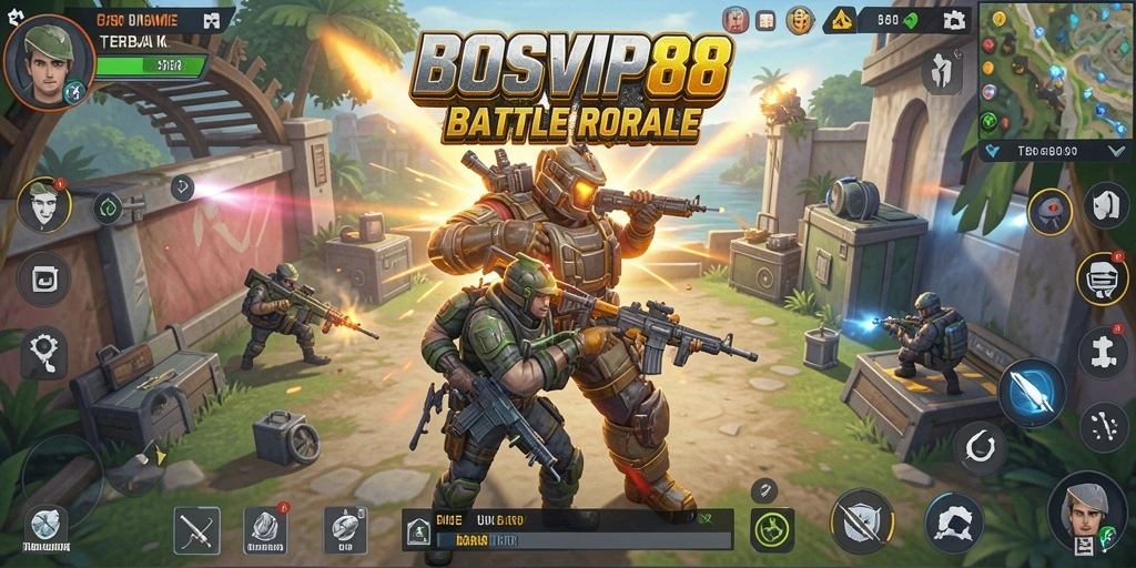 Screenshot dari gameplay seru BOSVIP88 dalam pertempuran Battle Royale.