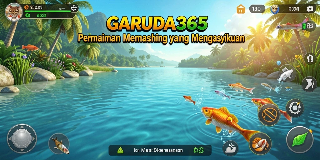Screenshot GARUDA365 menunjukkan pemain memancing di lokasi yang indah.
