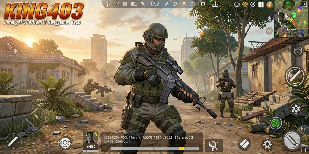 Screenshot utama KING403 menampilkan aksi tembak-menembak intens.