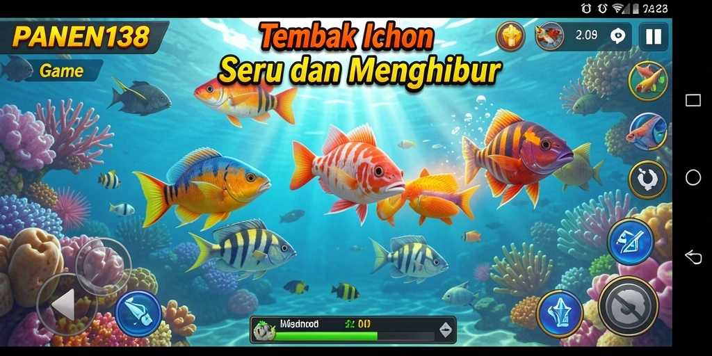 Screenshot menampilkan aksi seru dalam PANEN138 saat menembak ikan.