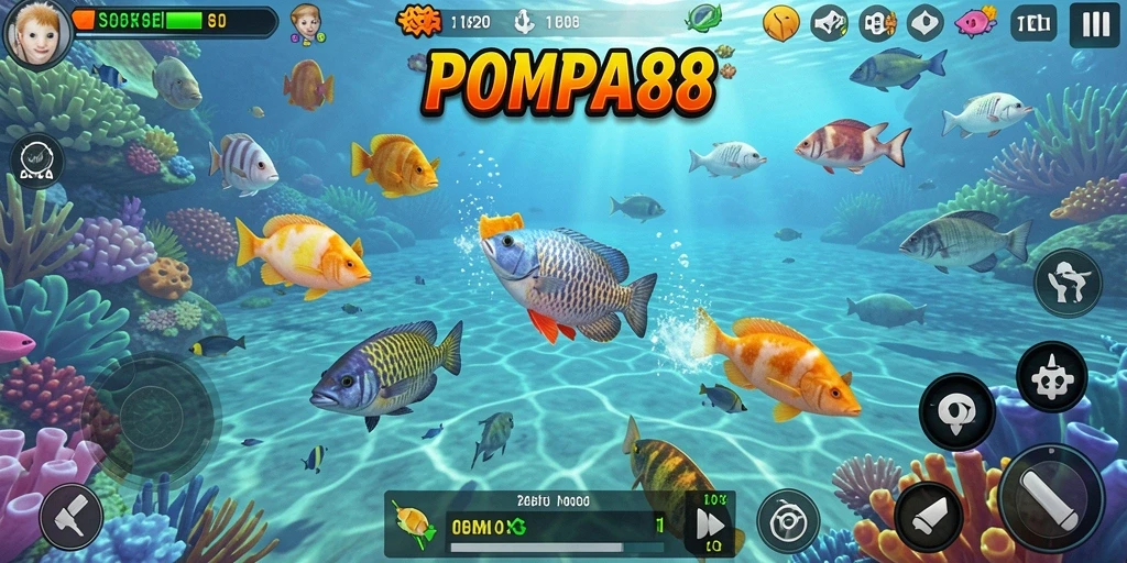 Screenshot gameplay POMPA88 yang seru saat menembak ikan.