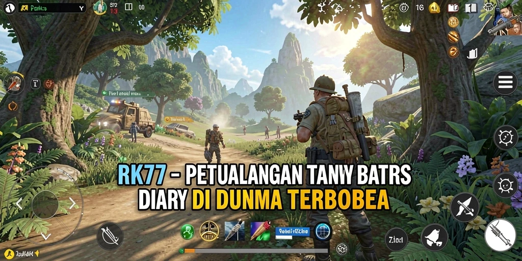 Screenshot utama RK77 menampilkan petualangan mendebarkan di dunia terbuka.