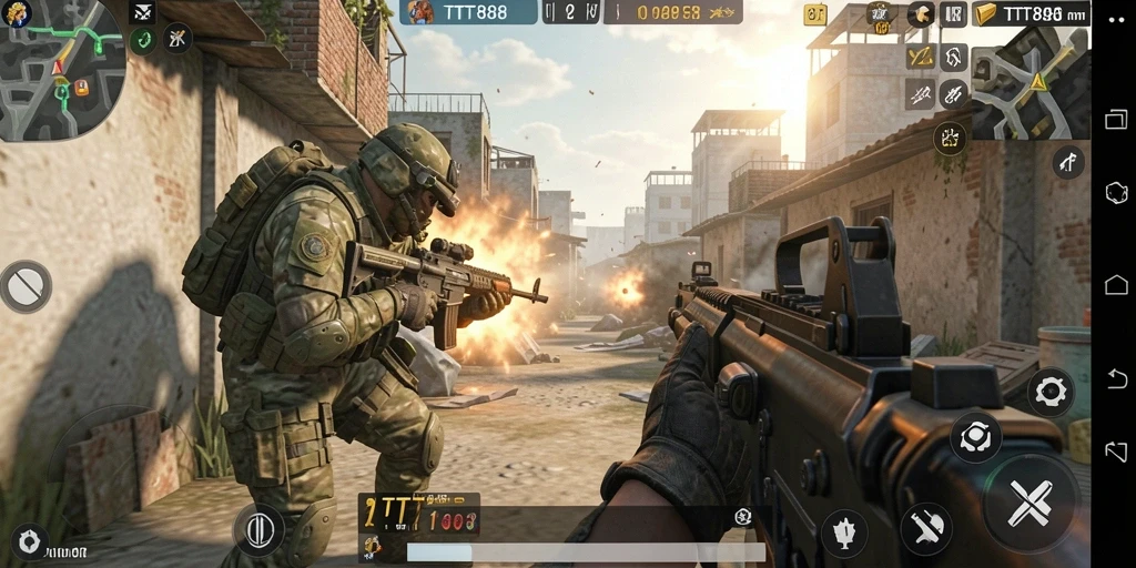 Screenshot utama TTT888 menampilkan aksi pertempuran FPS yang mendebarkan.